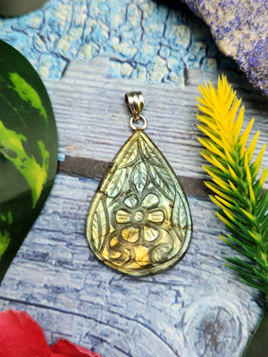 Labradorite Floral Carving Pendant with 925 Silver Loop - A Fusion of Crafted Charisma & Harmony