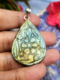 Labradorite Floral Carving Pendant with 925 Silver Loop - A Fusion of Crafted Charisma & Harmony