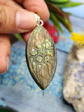 Labradorite Floral Carving Pendant with 925 silver loop - Nature's Elegance and Metaphysical Radiance