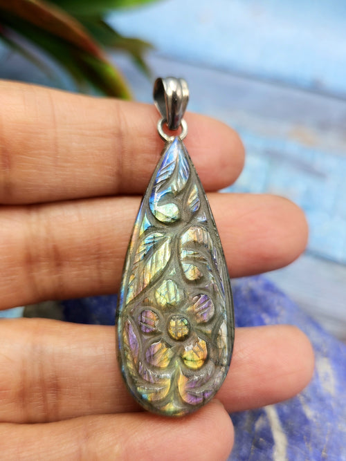 Labradorite Floral Carving Pendant with 925 Silver Loop - A Fusion of Spiritual Harmony & Nature's Radiance