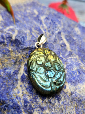 Labradorite Floral Carving Pendant with 925 Silver Loop - A Fusion of Artistry in Gemstone & Serenity in Silver