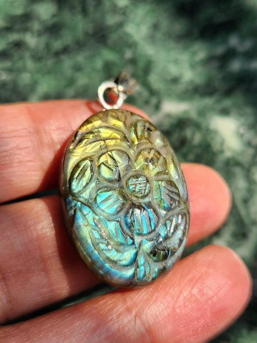 Labradorite Floral Carving Pendant with 925 Silver Loop - A Fusion of Artistry in Gemstone & Serenity in Silver