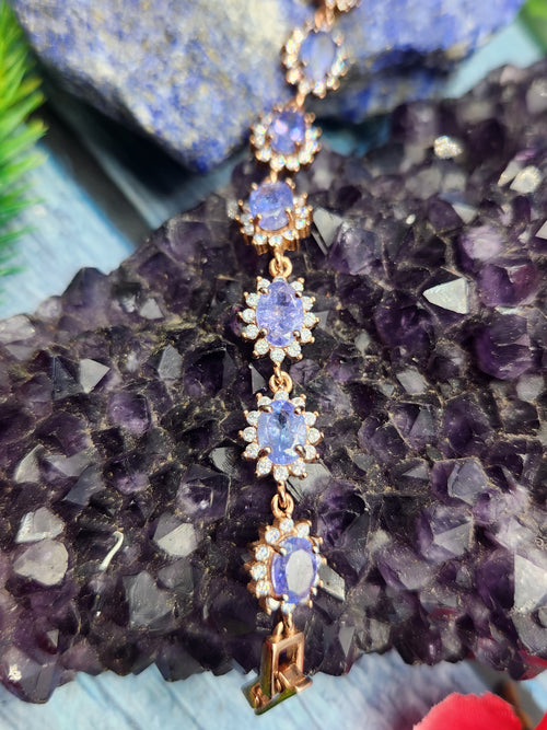 Tanzanite Bracelet in 925 Silver with Pink Gold Rhodium Plating and CZ Embellishments - A Harmonious Symphony of Rarity and Elegance