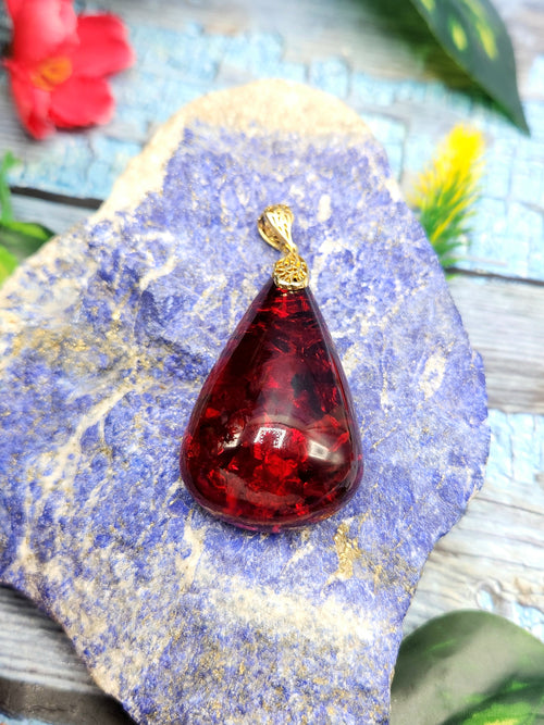 Red Amber Pendant in Rhodium Plated 925 Silver - A Symbol of Wellness and Affection