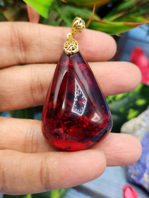 Red Amber Pendant in Rhodium Plated 925 Silver - A Symbol of Wellness and Affection