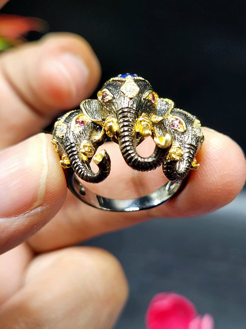 The Majestic Three-Headed Elephant Finger Ring: Garnet and Blue Sapphi