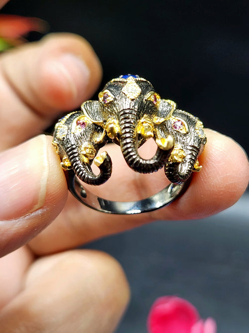 Three-Headed Elephant Finger Ring with Ruby and Blue Sapphire in Black Rhodium Plated 925 Silver - Embodying Strength and Harmony