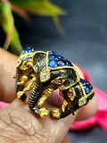 Three-Headed Elephant Finger Ring with Ruby and Blue Sapphire in Black Rhodium Plated 925 Silver - Embodying Strength and Harmony