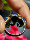 Three-Headed Elephant Finger Ring with Ruby and Blue Sapphire in Black Rhodium Plated 925 Silver - Embodying Strength and Harmony