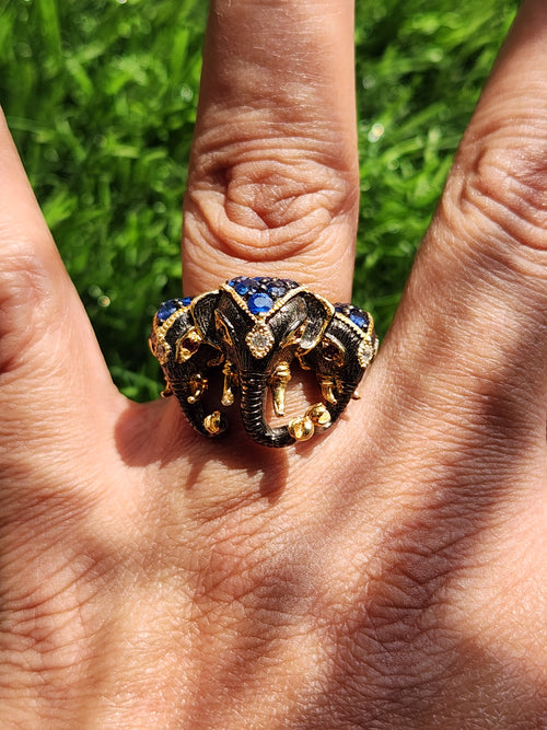 Three-Headed Elephant Finger Ring with Ruby and Blue Sapphire in Black Rhodium Plated 925 Silver - Embodying Strength and Harmony