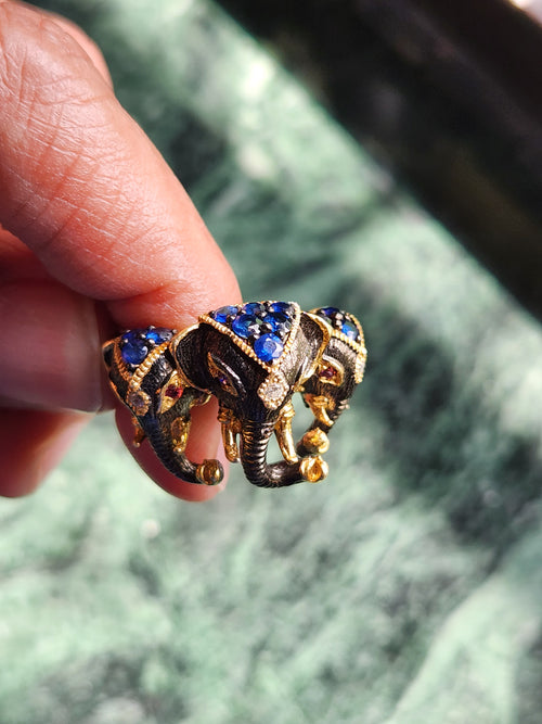 Three-Headed Elephant Finger Ring with Ruby and Blue Sapphire in Black Rhodium Plated 925 Silver - Embodying Strength and Harmony