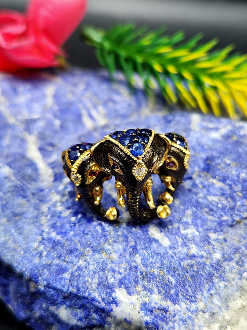 Three-Headed Elephant Finger Ring with Ruby and Blue Sapphire in Black Rhodium Plated 925 Silver - Embodying Strength and Harmony