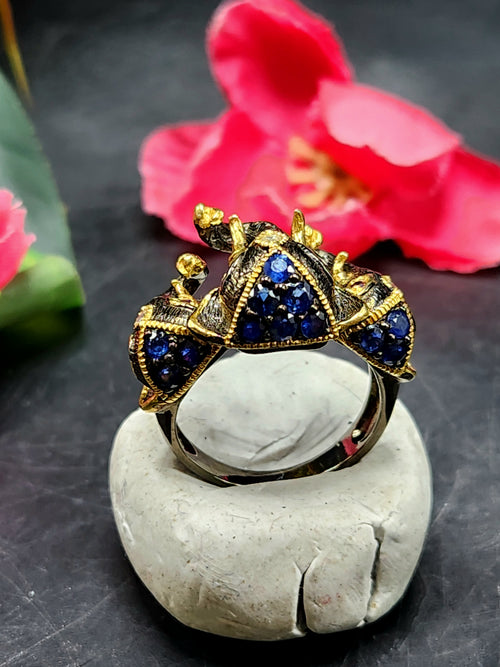 Three-Headed Elephant Finger Ring with Ruby and Blue Sapphire in Black Rhodium Plated 925 Silver - Embodying Strength and Harmony