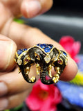 Three-Headed Elephant Finger Ring with Ruby and Blue Sapphire in Black Rhodium Plated 925 Silver - Embodying Strength and Harmony