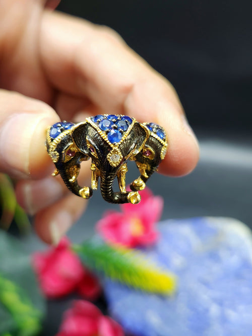 Three-Headed Elephant Finger Ring with Ruby and Blue Sapphire in Black Rhodium Plated 925 Silver - Embodying Strength and Harmony