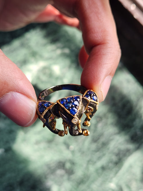 Three-Headed Elephant Finger Ring with Ruby and Blue Sapphire in Black Rhodium Plated 925 Silver - Embodying Strength and Harmony