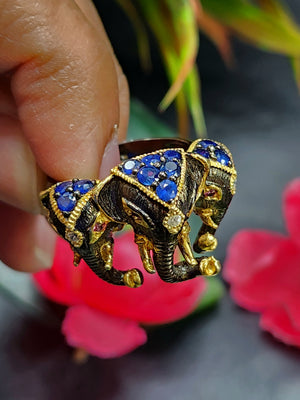 Three-Headed Elephant Finger Ring with Ruby and Blue Sapphire in Black Rhodium Plated 925 Silver - Embodying Strength and Harmony