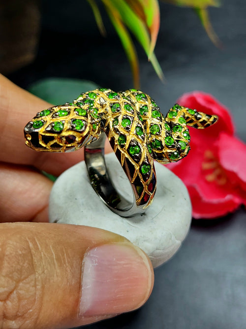 Tsavorite Snake Finger Ring in Black Rhodium Plated 925 Silver - Symbolizing Renewal and Vitality