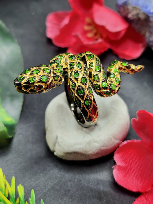 Tsavorite Snake Finger Ring in Black Rhodium Plated 925 Silver - Symbolizing Renewal and Vitality