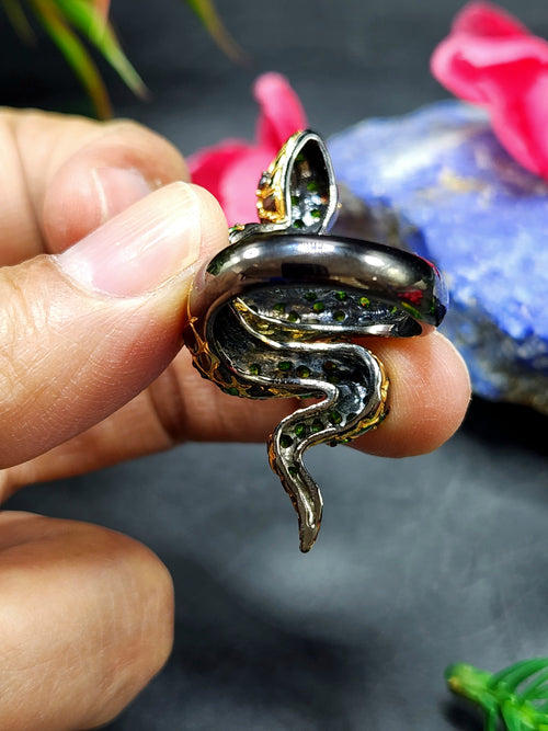 Tsavorite Snake Finger Ring in Black Rhodium Plated 925 Silver - Symbolizing Renewal and Vitality