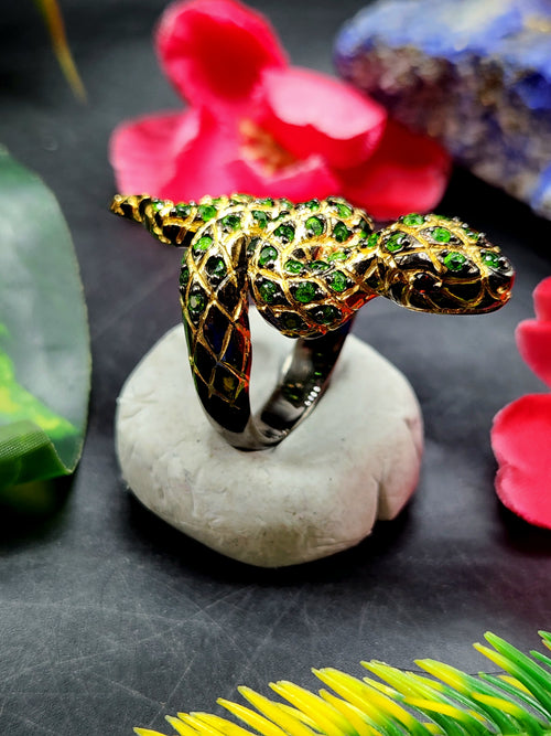 Tsavorite Snake Finger Ring in Black Rhodium Plated 925 Silver - Symbolizing Renewal and Vitality