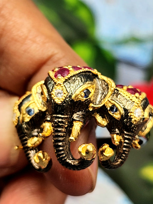 The Majestic Three-Headed Elephant Finger Ring: Garnet and Blue Sapphire Splendor in 925 silver black rhodium plated
