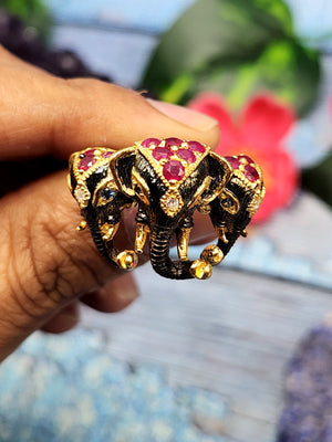 The Majestic Three-Headed Elephant Finger Ring: Garnet and Blue Sapphire Splendor in 925 silver black rhodium plated