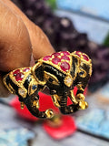 The Majestic Three-Headed Elephant Finger Ring: Garnet and Blue Sapphire Splendor in 925 silver black rhodium plated