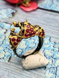 The Majestic Three-Headed Elephant Finger Ring: Garnet and Blue Sapphire Splendor in 925 silver black rhodium plated
