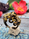 The Majestic Three-Headed Elephant Finger Ring: Garnet and Blue Sapphire Splendor in 925 silver black rhodium plated