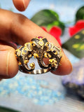 The Majestic Three-Headed Elephant Finger Ring: Garnet and Blue Sapphire Splendor in 925 silver black rhodium plated