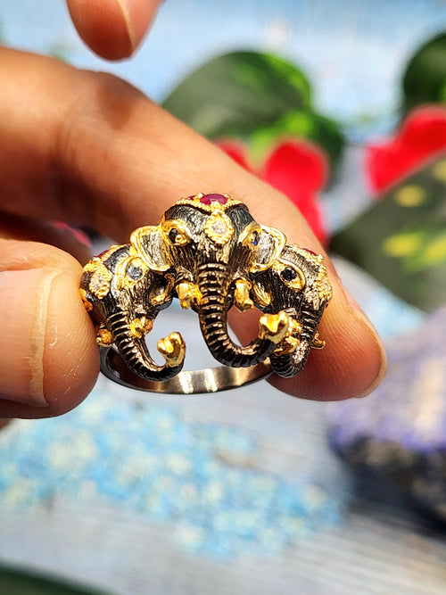 The Majestic Three-Headed Elephant Finger Ring: Garnet and Blue Sapphire Splendor in 925 silver black rhodium plated