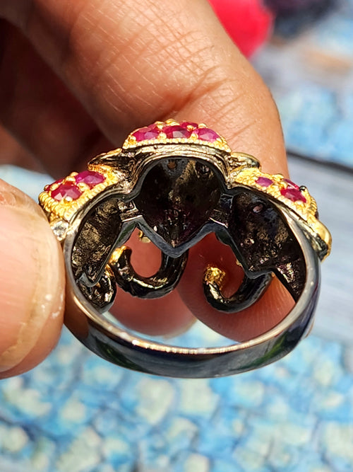 The Majestic Three-Headed Elephant Finger Ring: Garnet and Blue Sapphire Splendor in 925 silver black rhodium plated