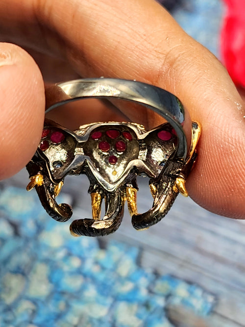 The Majestic Three-Headed Elephant Finger Ring: Garnet and Blue Sapphire Splendor in 925 silver black rhodium plated