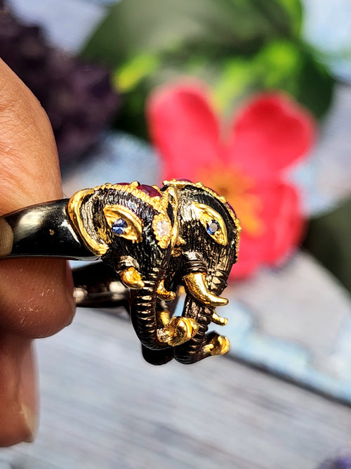 The Majestic Three-Headed Elephant Finger Ring: Garnet and Blue Sapphire Splendor in 925 silver black rhodium plated