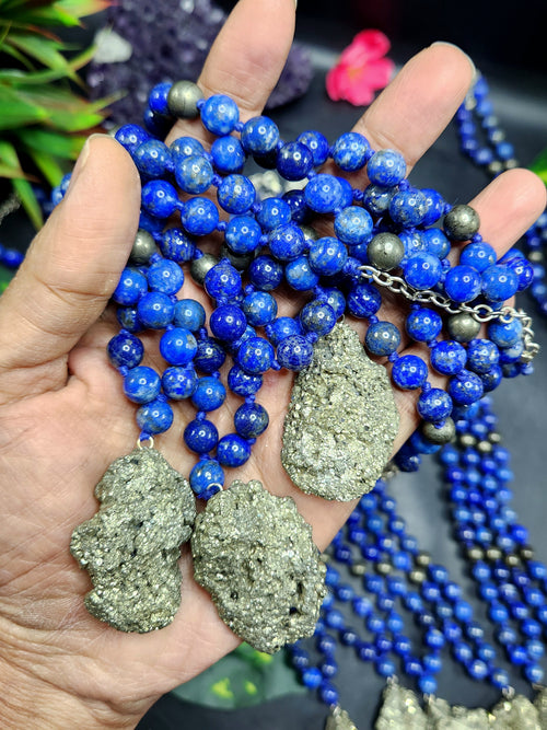 Lapis Lazuli and Pyrite 8mm Bead Mala with Pyrite Rough Pendant | Gemstone Necklace | Birthday Gift