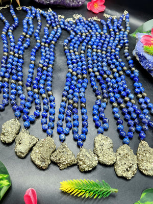 Lapis Lazuli and Pyrite 8mm Bead Mala with Pyrite Rough Pendant | Gemstone Necklace | Birthday Gift