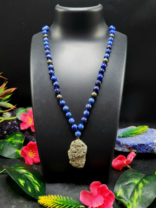 Lapis Lazuli and Pyrite 8mm Bead Mala with Pyrite Rough Pendant | Gemstone Necklace | Birthday Gift | ONE PIECE ONLY