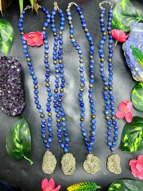 Lapis Lazuli and Pyrite 8mm Bead Mala with Pyrite Rough Pendant | Gemstone Necklace | Birthday Gift | ONE PIECE ONLY