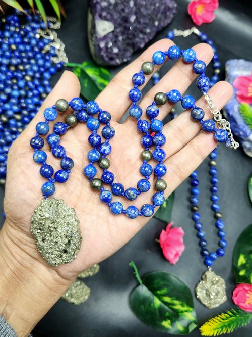 Lapis Lazuli and Pyrite 8mm Bead Mala with Pyrite Rough Pendant | Gemstone Necklace | Birthday Gift | ONE PIECE ONLY