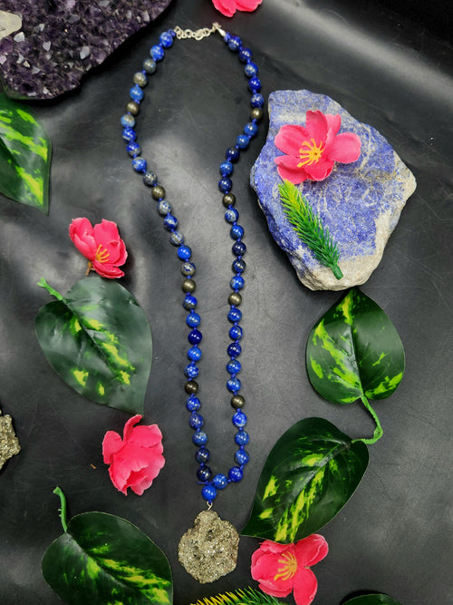 Lapis Lazuli and Pyrite 8mm Bead Mala with Pyrite Rough Pendant | Gemstone Necklace | Birthday Gift | ONE PIECE ONLY