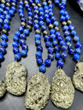 Lapis Lazuli and Pyrite 8mm Bead Mala with Pyrite Rough Pendant | Gemstone Necklace | Birthday Gift