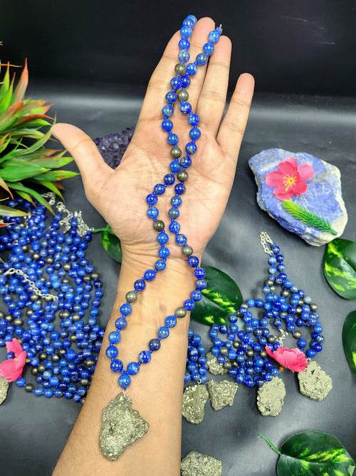 Lapis Lazuli and Pyrite 8mm Bead Mala with Pyrite Rough Pendant | Gemstone Necklace | Birthday Gift | ONE PIECE ONLY