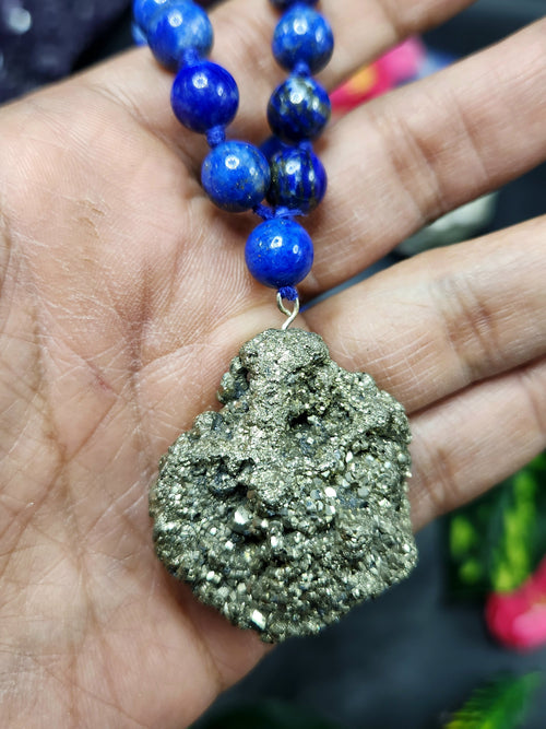 Lapis Lazuli and Pyrite 8mm Bead Mala with Pyrite Rough Pendant | Gemstone Necklace | Birthday Gift | ONE PIECE ONLY
