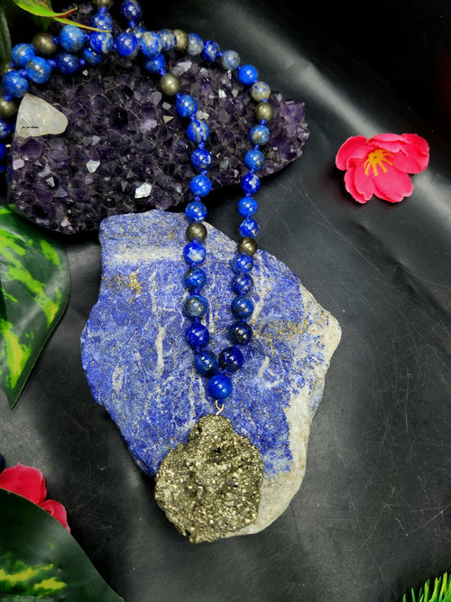 Lapis Lazuli and Pyrite 8mm Bead Mala with Pyrite Rough Pendant | Gemstone Necklace | Birthday Gift | ONE PIECE ONLY
