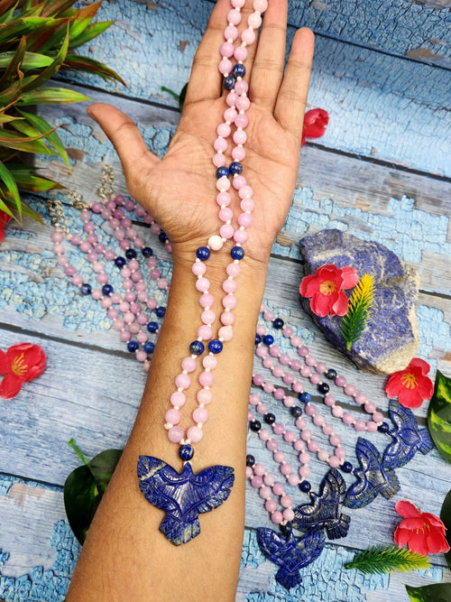 Kyanite and Lapis Lazuli 8mm Bead Mala with Lapis Lazuli Phoenix Pendant | Gemstone Necklace | Birthday Gift | Valentine gift | ONE PIECE ONLY