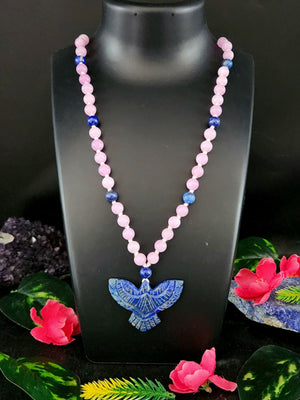Kyanite and Lapis Lazuli 8mm Bead Mala with Lapis Lazuli Phoenix Pendant | Gemstone Necklace | Birthday Gift | Valentine gift | ONE PIECE ONLY