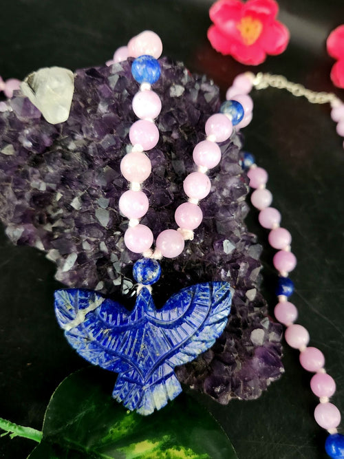 Kyanite and Lapis Lazuli 8mm Bead Mala with Lapis Lazuli Phoenix Pendant | Gemstone Necklace | Birthday Gift | Valentine gift | ONE PIECE ONLY