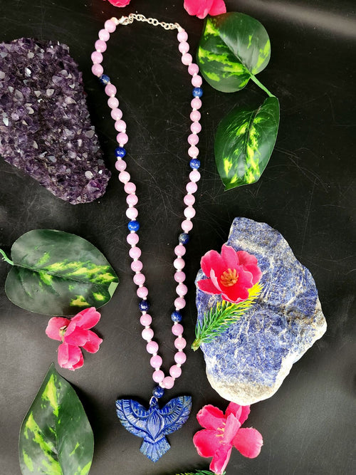 Kyanite and Lapis Lazuli 8mm Bead Mala with Lapis Lazuli Phoenix Pendant | Gemstone Necklace | Birthday Gift | Valentine gift | ONE PIECE ONLY