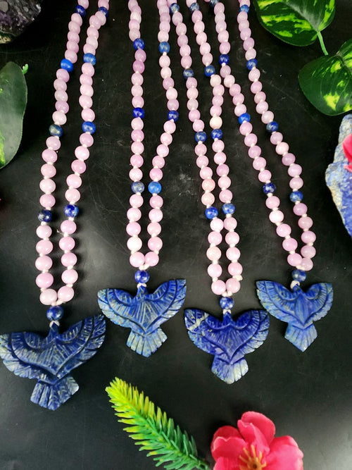 Kyanite and Lapis Lazuli 8mm Bead Mala with Lapis Lazuli Phoenix Pendant | Gemstone Necklace | Birthday Gift | Valentine gift | ONE PIECE ONLY